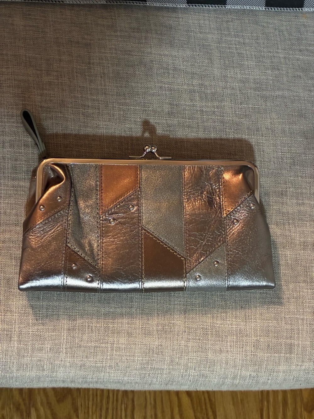 Fossil Metallic Silver Patchwork Wristlet Kiss Lock Clutch Wristlet